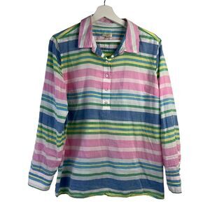 Talbots Petite Top Size LP L Popover Top Striped White Pink Blouse Pastel Collar